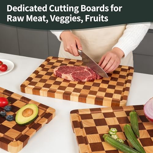 WILLKOMMEN Checkered Cutting Board Set, 3-Piece Wood Checkerboard End Grain Chopping Boards with Holder & Juice Groove Wooden Kitchen Cutting Board for Cooking and Serving (S, M, L) - style: Checkerboard set of 3