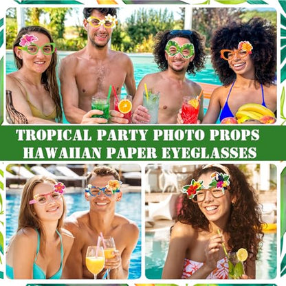 HOWAF 24pcs Hawaii Paper Glasses,Luau Party Eyeglasses Photo Booth Props Kit for Summer Tropical Party Favors,Hibiscus Flower Glasses for Beach Party Decor Eyewear,Aloha Tropical Flower Photo Glasses