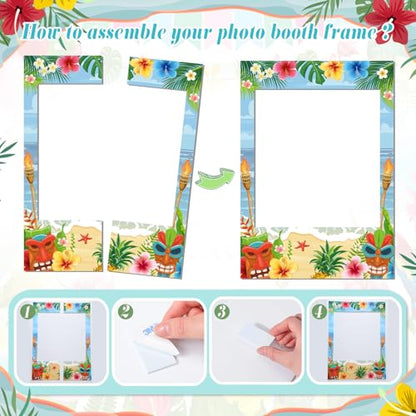 Jenaai Hawaiian Photo Booth Props Kit Luau Party Decorations 1 Hawaiian Photo Booth Frame 16 Summer Paper Eyeglasses Pool Party Selfie Props for Tropical Hawaii Luau Beach Tiki Decoration Supplies