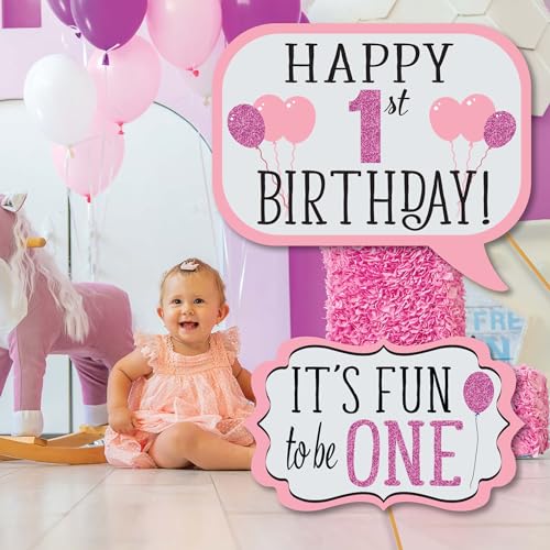1st Birthday Girl Photo Booth Props - 41-pc Photobooth Kit with 8 x 10-Inch Sign, 60 Adhesive Pads, 45 Sticks - First Birthday Photo Kit