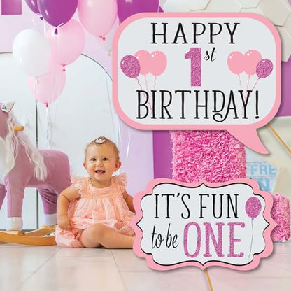 1st Birthday Girl Photo Booth Props - 41-pc Photobooth Kit with 8 x 10-Inch Sign, 60 Adhesive Pads, 45 Sticks - First Birthday Photo Kit