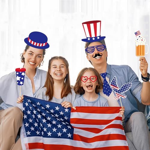 30 Pcs 4th of July Photo Booth Selfie Props Kit for Independence Day Party Game Decorations, American Patriotic Theme Labor Parade DIY Decors Supplies Flag Uncle Sam Hat Lip Style for People Photo