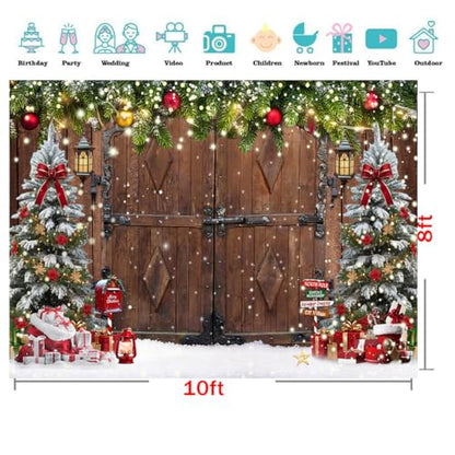 10X8FT Winter Christmas Rustic Barn Wood Door Photography Backdrop Xmas Tree Snow Background Banner for Family Holiday Party Decoration Supplies New Yeary Family Gathering Banner - size: 10x8ft