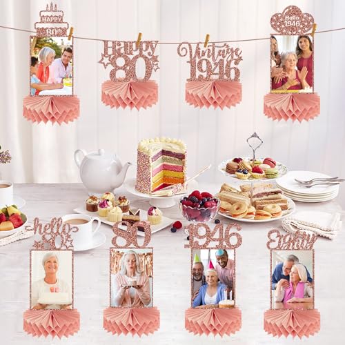 Guiruiy 8Pcs 80th Birthday Decorations Honeycomb Centerpieces for Womens, Pink Rose Gold Glitter Vintage 1946 80 Birthday Photo Table Centerpieces Party Supplies, Pink Eighty Bday Photo Table Topper - style: Rose Gold 80th
