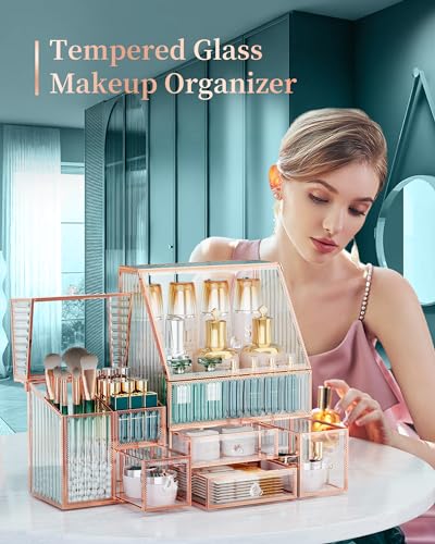 Youdepot Glass Makeup Organizer - Multi-Functional 3-in-1 Cosmetic Organizer for Skincare, Lipstick, Brushes - Vanity Organizer & Bathroom Organizer - color: Gold