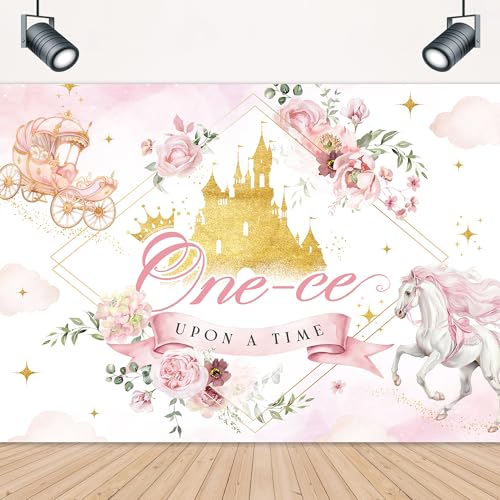 Girl 1st Birthday Backdrop 7Wx5H Feet Pink Floral Castle Horse Gold Carriage Princess Birthday Photography Background Decorations Photo Booth Studio Prop Fabric - color: 1st Cowgirl, size: 7Wx5H