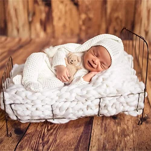 Coberllus Newborn Photography Props Outfit Fabric Sleepy Knot Hat & Footed Romper Bodysuit for Baby Boys Girls Photoshoot - color: Extra White