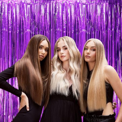 Voircoloria 2 Pack Purple Tinsel Foil Fringe Curtains, Purple Party Decorations, Metallic Tinsel Party Streamers Backdrop for Halloween Mermaid Bachelorette Graduation Party Decorations - color: 30 Purple