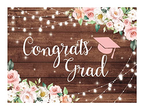 Funnytree 96" x 72" Congrats Grad Backdrop Flower Wood Board Class of 2026 Graduation Background College Prom Party Event Decor Banner Portrait Photobooth Cake Table Selfie Prop Studio Photography - size: 96 x 72 in