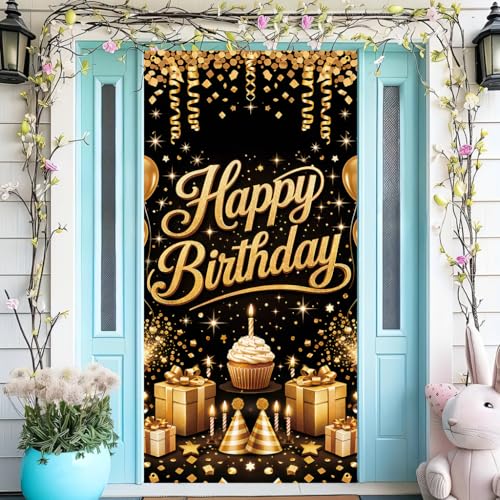 Happy Birthday Door Banner Backdrop (30 x 75 inches) - Colorful Party Porch Decoration, Birthday Celebration and Party Decoration, Cake Gold Elements - color: multicolored#mf2602021