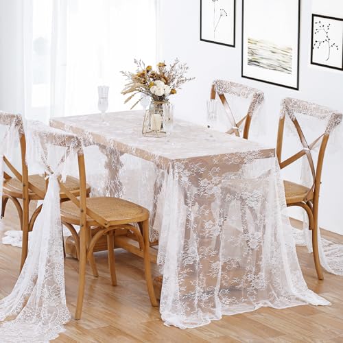 B-COOL White Lace Tablecloth 60 X120 Inches Rectangle Vintage Embroidered Bridal Wedding Tablecloths Sheer Overlay for Rustic Outdoor Party Reception Home Decor - color: White, size: 60" x 120" (1 Piece Rectangle)