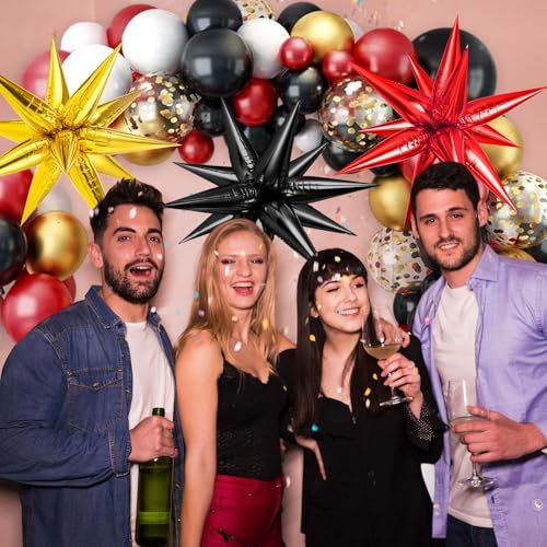 Red Black and Gold Star Balloons, 72 Pcs Large Mylar Explosion Balloons, 12 Point Spike Foil Cone Balloon for New Year, Birthday, Graduation, Anniversary, Movie Night, Party Decoration - color: Black, Gold, Red, 26 Inch