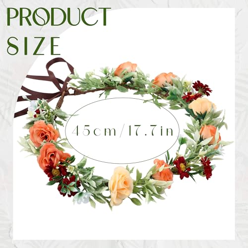 Floral Crown Women Girls - Orange Boho Floral Headpiece with White Green Leaves Charming Fairy Flower Headband for Wedding Photo Shoot Festivals - color: Red