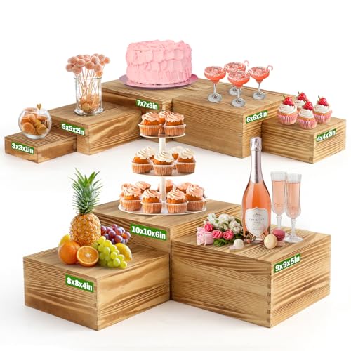 8-Pack Pine Wood Buffet Risers, Multi-Size Nesting Cube Food Display Stands for Buffet Table & Catering, Hollow Bottoms Food Risers for Multi-Level Buffet Presentation - color: Classic