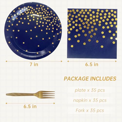 Serve 35 Guests Navy Blue and Gold Party Supplies,7 Inch Blue and Gold Paper Plates and Napkins for Birthday Wedding Retirements Graduation Party - color: Dark Blue Gold Dot Paper Plate