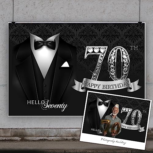 5x3ft Men 70th Birthday Tuxedo Backdrop Black Necktie Suit Tuxedo Silver Diamonds 70th Happy Birthday Photography Background Hello Seventy Father Grandpa Luxury Birthday Party Supplies - color: black silver 70, size: 5x3ft