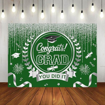 Graduation Backdrop Congrats Grad You Did It Party Decorations Background Congratulations Graduate Class of 2026 Banner Photo Booth Props (Green and Silver, 7x5ft) - color: Green and Silver