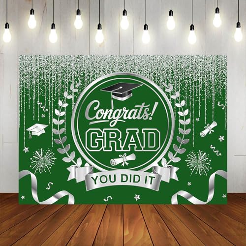 Graduation Backdrop Congrats Grad You Did It Party Decorations Background Congratulations Graduate Class of 2026 Banner Photo Booth Props (Green and Silver, 7x5ft) - color: Green and Silver