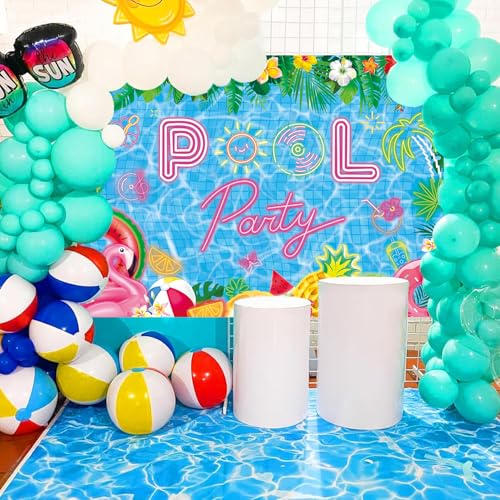 Pool Party Backdrop Summer Beach Ball Decorations Banner Tropical Palm Tree Flower Photography Background Birthday Swimming Party Decor Photo Booth Props (7x5FT（210x150cm）) - size: 7x5FT（210x150cm）