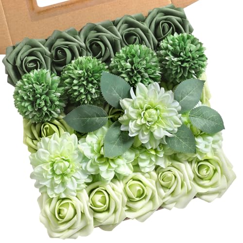 rongflower Artificial Flowers Combo Box Set Gradient Color Flower Leaf with Stems for DIY Wedding Bouquets Centerpieces Baby Shower Party Home Decorations (Green) - color: Green
