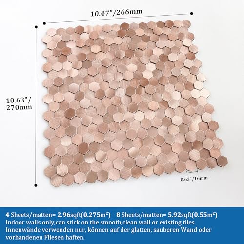 3D Metal Peel and Stick Backsplash for Kitchen,Mini Hexagon Tile Stickers Self Adhesive Wall Tiles Heat Resistant(8 Sheets,Rose Gold) - color: Rose Gold