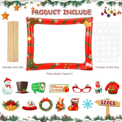 Christmas Photo Booth Props 53 PCS Set - Large Frame 30x25.6 in, Pose Sign Picture Props for Xmas Winter Holiday New Year Party Favors, Selfie Game Decor