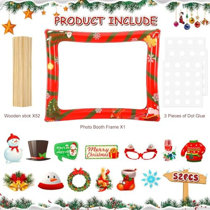 Christmas Photo Booth Props 53 PCS Set - Large Frame 30x25.6 in, Pose Sign Picture Props for Xmas Winter Holiday New Year Party Favors, Selfie Game Decor