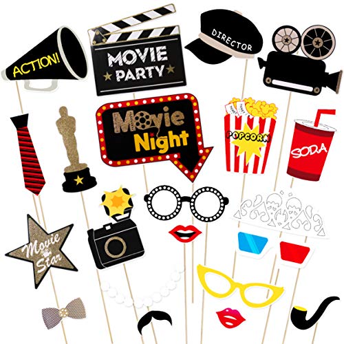 21Pcs Photo Booth Props for Movie Night Themed Party Supplies Photobooth Kit for Birthday, Wedding, Graduation, Bachelorette Party Decorations