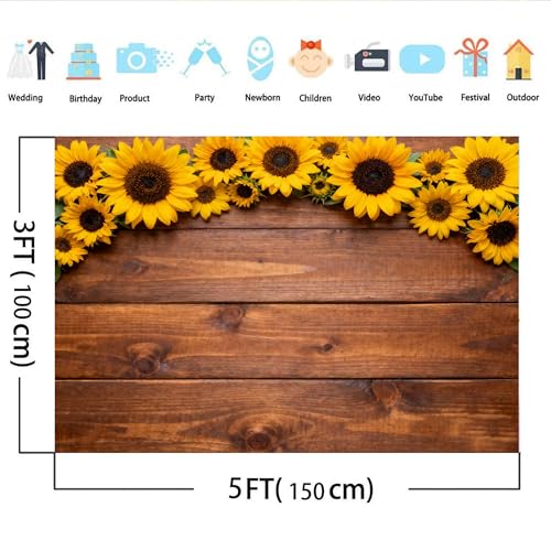Sunflower Wood Texture Backdrops for Photography, Summer Sunflower Photo Backdrop, Rustic Child Baby Shower Birthday Party Backdrop Studio Photo Booth Props, 7X5FT