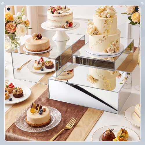 3 Pack Extra Large Acrylic Risers - 15”, 14”, 13” Silver Display Stands with Hollow Bottoms, Cube Buffet Riser Boxes Nesting for Dessert Food Catering Buffet Display Party Supplies - color: Silver, size: 15”,14”,13”