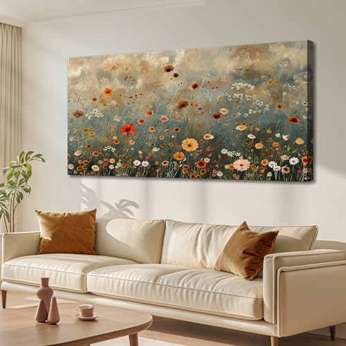 LKY ART Flowers Wall Art Canvas Print Wildflower Meadow Painting Multicolor 20" x 40" Ready to Hang, Rustic Home Decor for Living Room Bedroom Home Office Wall Decoration - color: yellow, size: 40"L x 20"W