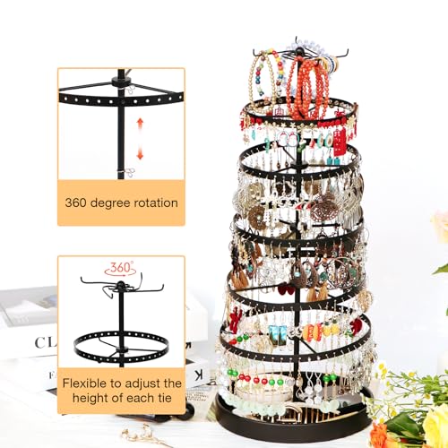 17Dec 6 Tier Rotating Jewelry Organizer Stand, 230 Holes Earring Holder Organizer for Women Girls, Spinning Earring Tree with Ring Holder, Wide Base for Bracelets Watches Lipstick - color: Metal,6-Tier,Black