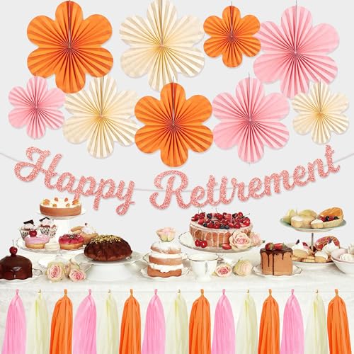 Roetyce Retirement Party Decorations Women, Pink Orange Happy Retirement Banner Paper Fan Tassel, Flower Themed Office Retired Party Supplies for Coworker, Funny Legend Has Retired Photo Backdrop