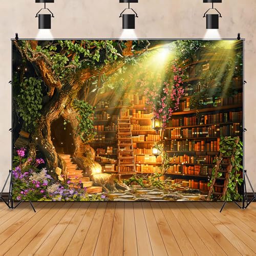 Fairy Woodland Library Backdrop Spring Enchanted Forest Bookshelf Book Tree Photography Backgrounds Magic Nature Girl Birthday Party Decorations Banner Photo Booth Props 10X7ft - size: 10X7ft
