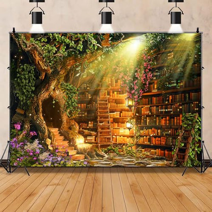 Fairy Woodland Library Backdrop Spring Enchanted Forest Bookshelf Book Tree Photography Backgrounds Magic Nature Girl Birthday Party Decorations Banner Photo Booth Props 10X7ft - size: 10X7ft