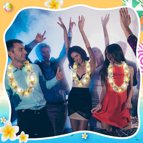 Sherr 24 Pcs LED Leis Light Up Wedding Hawaiian Leis Flower Necklace with LED Lights Beach Tropical Carnival Party Wedding Supplies Luau for Masquerade - color: white and yellow