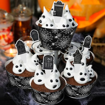 48 Pack Halloween Cupcake Toppers and Black Spider Web Wrappers, Tombstones Skeleton Cupcake Picks Decoration for Halloween Party Birthday Party Supplies - style: Halloween