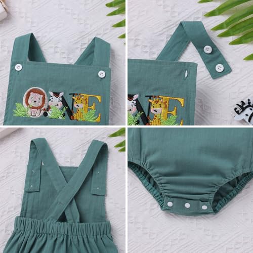 IMEKIS Baby Girls Boys Boho 1st Birthday Outfit Backless Overalls Romper for Cake Smash Photo Shoot - color: Green Animals One, size: 12-18 Months