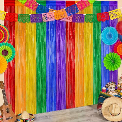 Cinco de Mayo Decorations Fiesta Party Decorations Foil Fringe Curtains Backdrop Fiesta Banner for Mexican Decor Wedding Engagement Rainbow Party Supplies