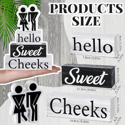 Jetec 4 Pcs Bathroom Shelf Decor Signs Hello Sweet Cheeks Wooden Sign Rustic Toilet Restroom Tabletop Decoration Funny Bathroom Decor for Farmhouse Apartment Shelves Toilet Restroom Home Tabletop Desk - style: Hello Sweet Cheeks