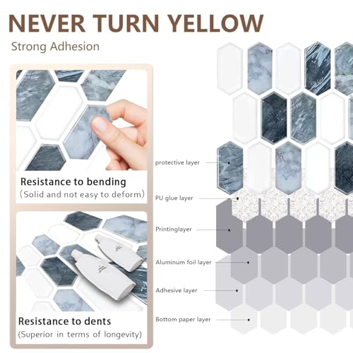 10-Sheet Backsplash Peel and Stick Tile Faux Marble 12"x12" White Blue Long Hexagon Self-Adhesive Glossy Heat Resistant Waterproof 3D Wall Panel Stick on Backsplash Kitchen Bathroom RV Fireplace - size: 12''x12''