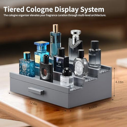 Perfume Organizer for Men, 3 Tier Wood Perfume Display Stand with Velvet Lining Drawer and Hidden Compartment for Watch,Jewelry,Perfume Display Risers,A Gift for Men (Gray) - style: 3 Tier - Grey
