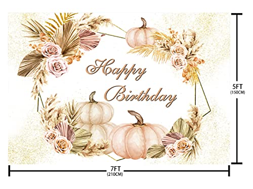 SENDY 7x5ft Boho Happy Birthday Backdrop for Girls Women Autumn Pumpkin Flowers Pampas Grass Photography Background Birthday Party Decorations Banner Photo Booth Props