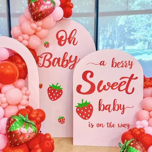 Strawberry Baby Shower Decorations Decals for Backdrop Berry Girls Gender Reveal Party Sign for Balloon Arch A Berry Sweet Baby is On The Way Sticker Newborn Sex Reveal Vinyl Letters Pregnancy Supply - color: Green & Red Sweet Berry