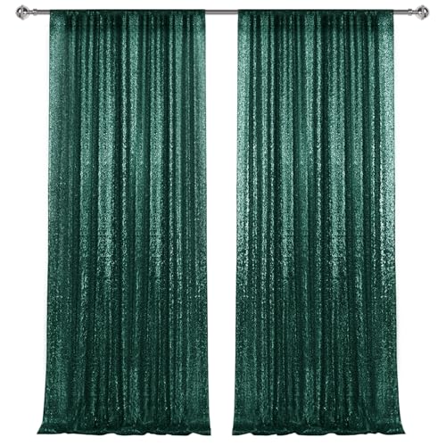 2×8FT-2PCS Hunter Green Sequin Backdrop Curtains Panels, Christmas Green Photography Backdrop Glitter Curtains Fabric Background for Christmas Wedding Party Decor - color: Hunter, size: 2X8FT-2PCS