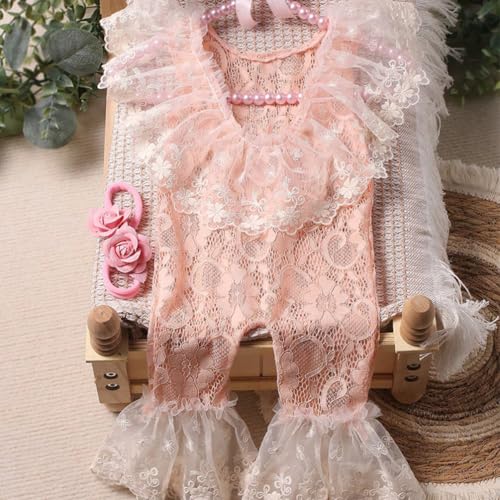 Newborn Photography Outfits Girl Newborn Photography Props Newborn Girl Lace Romper Headress Infant Princess Costume - color: Pink