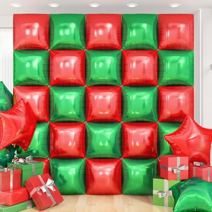 Red Green Square Foil Balloon Wall,25Pcs Double Sided Balloon Backdrop Helium Balloons Tunnel Arch Garland Kit for Christmas Birthday Anniversary Party Decorations - style: Red Green