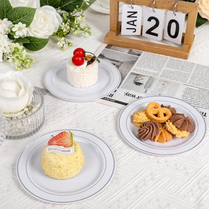 bUCLA 200PCS Silver Plastic Plates - 6.25inch White with Silver Trim Disposable Salad/Dessert/Appetizer/Small Cake Plates - Ideal for Wedding & Party - color: 6.25Inch-200pcs-Silver
