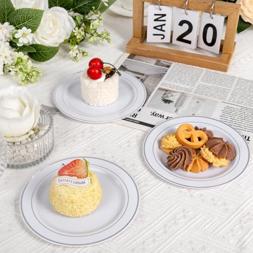 bUCLA 200PCS Silver Plastic Plates - 6.25inch White with Silver Trim Disposable Salad/Dessert/Appetizer/Small Cake Plates - Ideal for Wedding & Party - color: 6.25Inch-200pcs-Silver