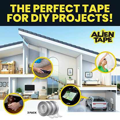 ALIEN TAPE Nano Double Sided Tape, 21-ft Multipurpose Removable Adhesive Transparent, Grip Mounting Washable Strong Sticky Heavy Duty for Carpet Photo Frame Poster Décor - As Seen On TV - size: (3 Rolls - 21 Feet)